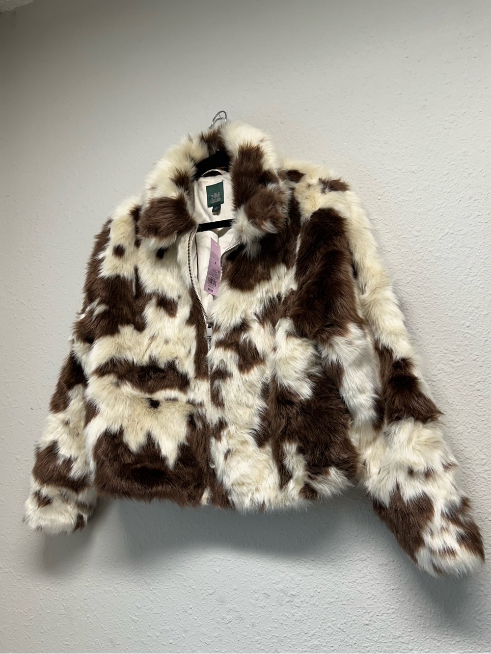 NEW Faux Fur Zip Up Brown & Cream Cow Fawn Print Cropped Jacket